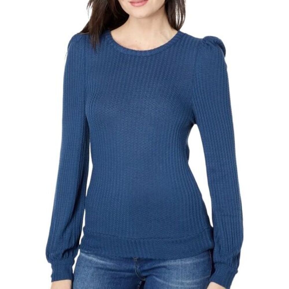 Chaser Women's Tee Size Small Blue Vintage Waffle Ribbed Thermal Puff Sleeve